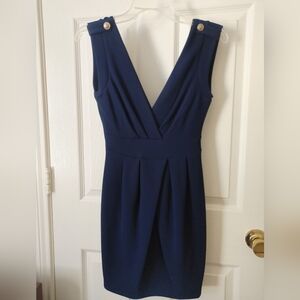 Elegant Navy Blue Sleeveless Dress. Small. With Deep Neck.